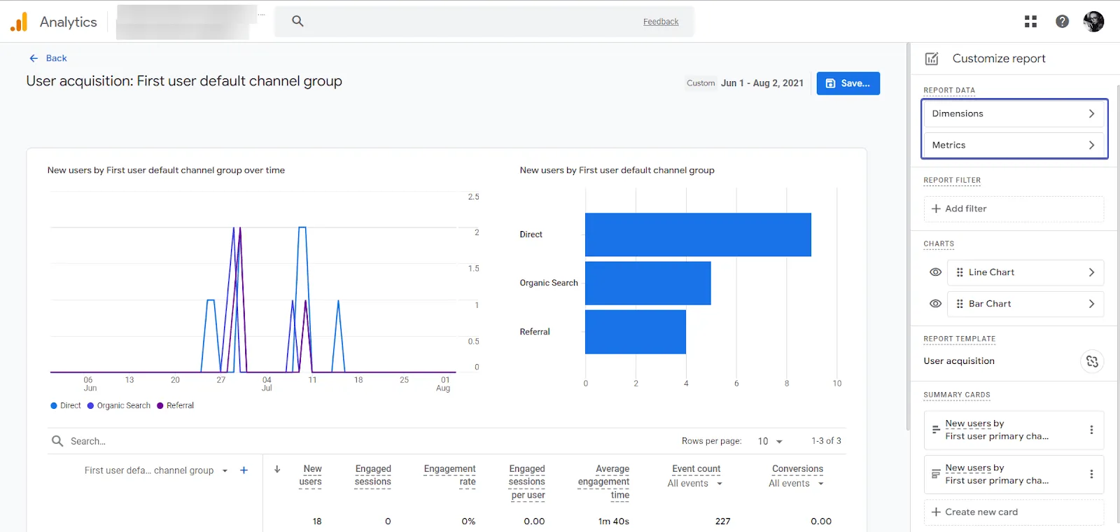 Add dimensions menu in Google Analytics