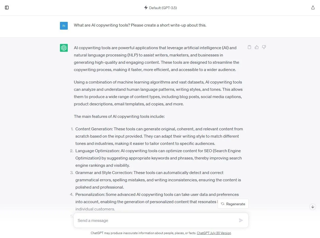 Popular AI Copywriting Tools - ChatGPT3.5