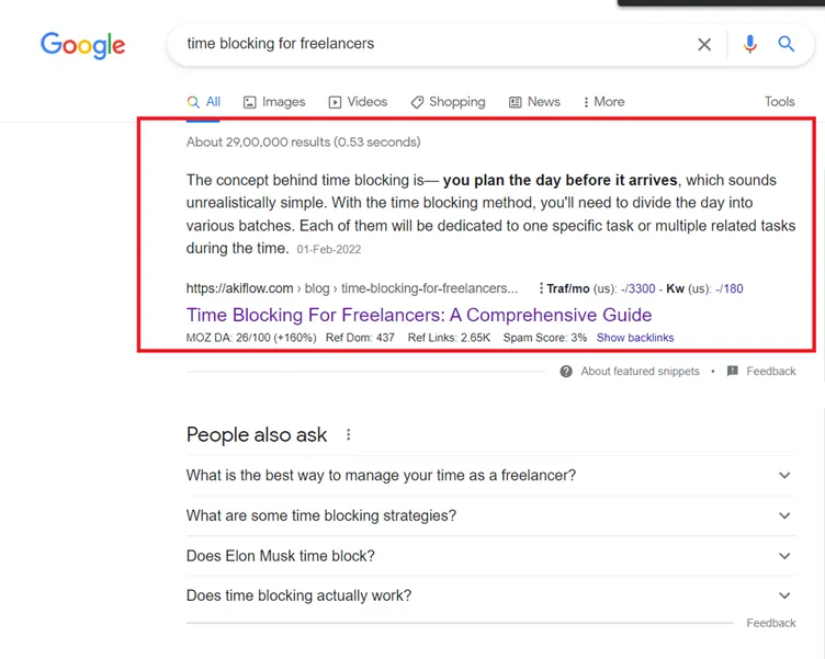 Featured snippet - short descriptions that appears on Google search results