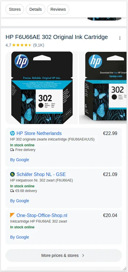 knowledge panel price comparison mobile