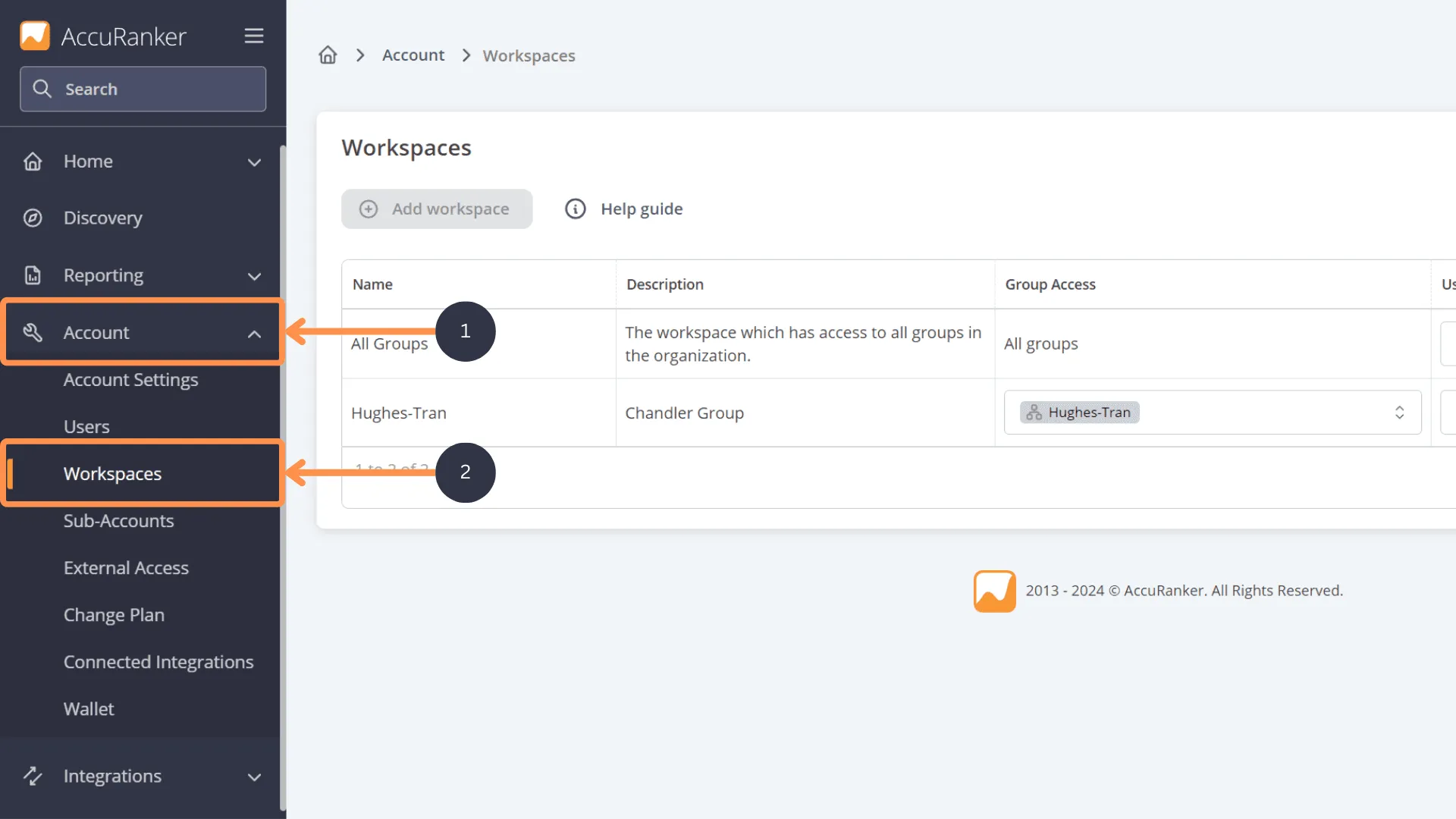 Screenshot showing the menu location of the workspaces entry in the main menu